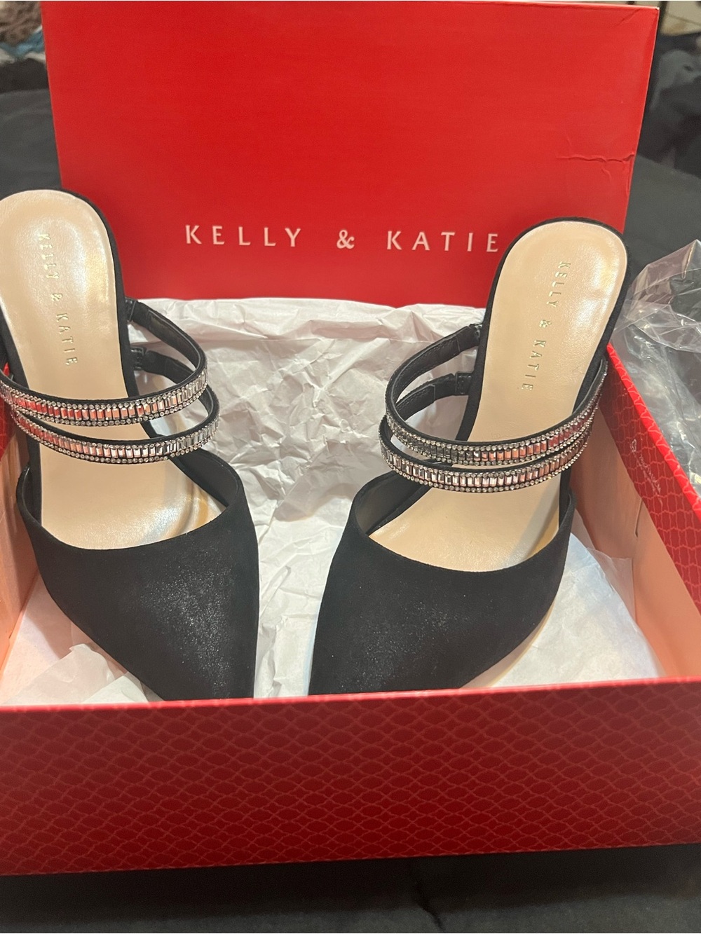 Kelly & Katie Emelie Black Shimmer Rhinestone Mule Heels Size 10